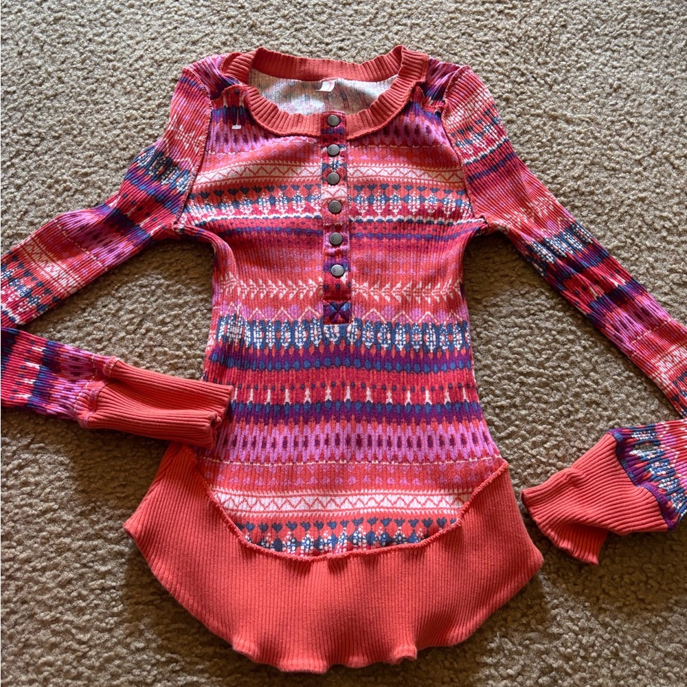 Free People FP Movement Rally Rib Henley Top In Fired Up Combo Size Medium
